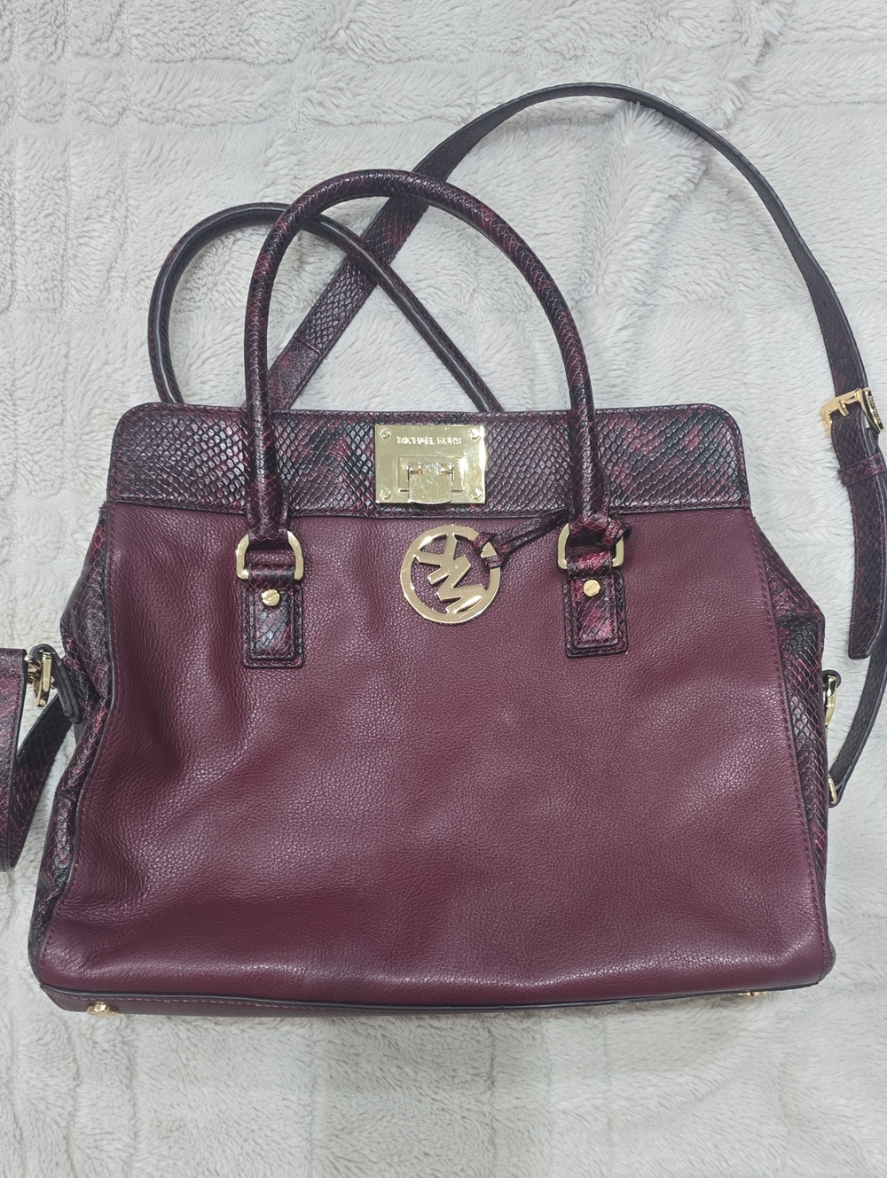 Michael Kors Astrid Plum Burgundy Leather Satchel Handbag Gold Hardware